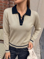 Tea Color Contrast Navy Collar Polo Knit Sweater Half Button Long Sleeve Slim Preppy Pullover