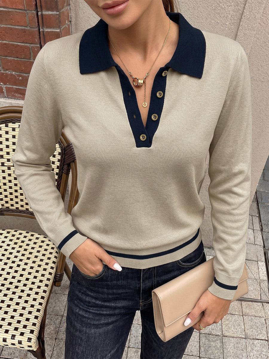 Tea Color Contrast Navy Collar Polo Knit Sweater Half Button Long Sleeve Slim Preppy Pullover