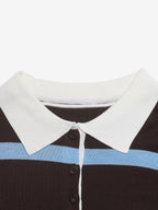 Coffee Blue Striped Polo Knit Top White Collar Half Button Long Sleeve Slim Cropped Sweater