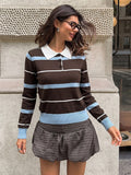 Coffee Blue Striped Polo Knit Top White Collar Half Button Long Sleeve Slim Cropped Sweater