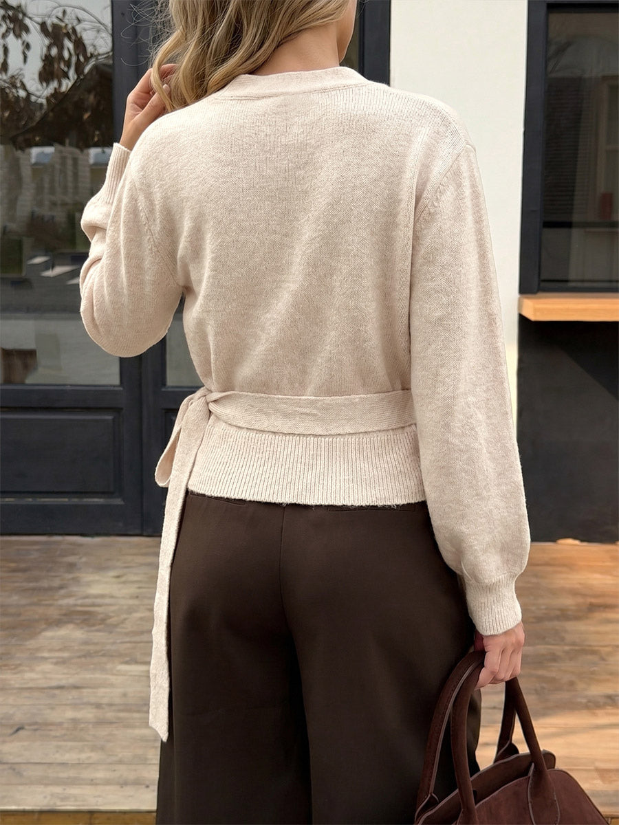 Women Pullover Sweater Light Apricot Lace Up V-Neck Lantern Long Sleeves Sweaters