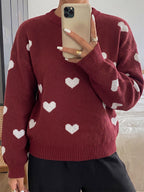 Burgundy Heart Pattern Crew Neck Sweater Long Sleeve Loose Casual Fall Winter Pullover