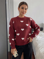 Burgundy Heart Pattern Crew Neck Sweater Long Sleeve Loose Casual Fall Winter Pullover