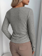 Fake Two Piece Ribbed Knit Long Sleeve Top Scoop Neck Layered Slim Casual Shirt