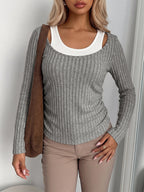 Fake Two Piece Ribbed Knit Long Sleeve Top Scoop Neck Layered Slim Casual Shirt