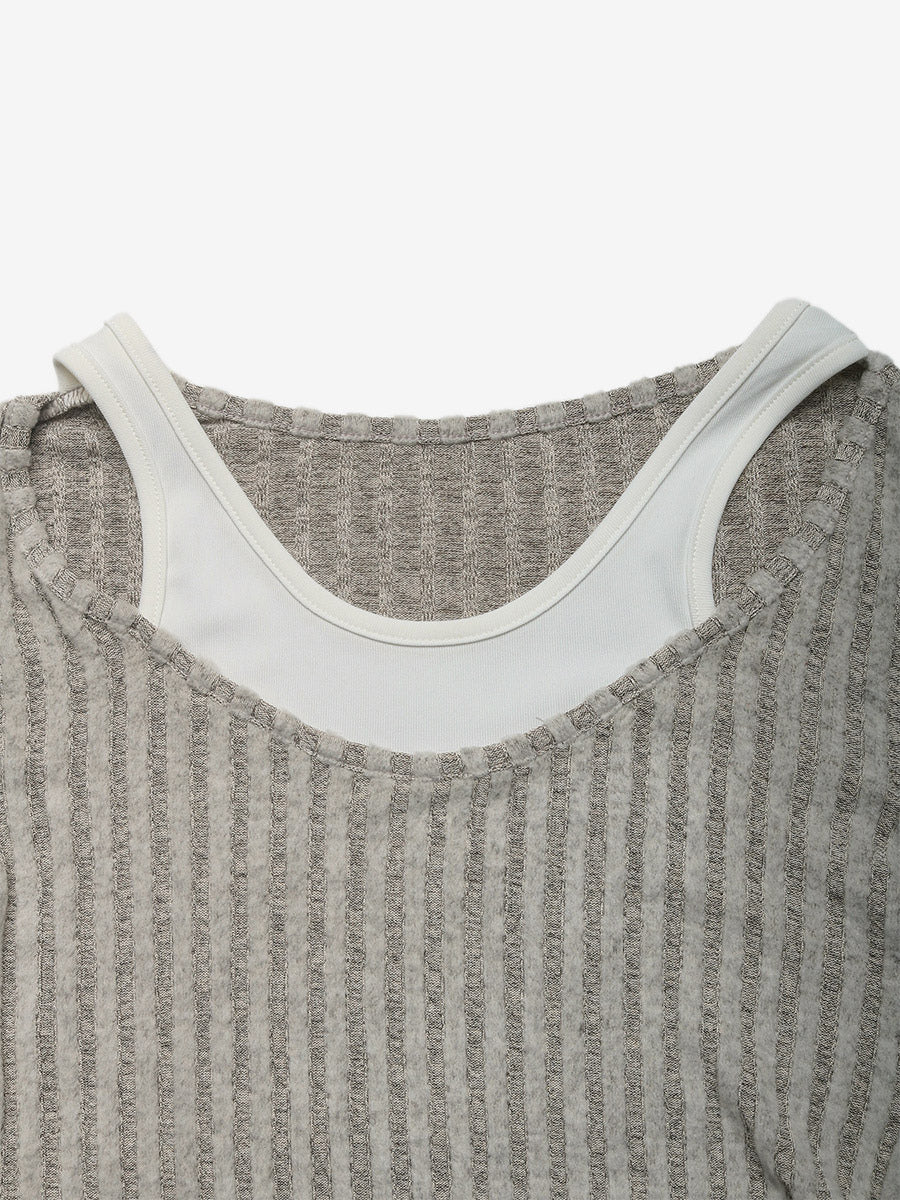 Fake Two Piece Ribbed Knit Long Sleeve Top Scoop Neck Layered Slim Casual Shirt
