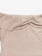 Beige Twist Front Off Shoulder Ribbed Knit Top Long Sleeve Asymmetrical Hem Slim Sweater