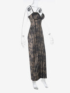 Party Dresses Black Floral Lace Spaghetti Strap Maxi Bustier Corset Bodycon Slit Evening Gown