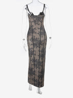 Party Dresses Black Floral Lace Spaghetti Strap Maxi Bustier Corset Bodycon Slit Evening Gown