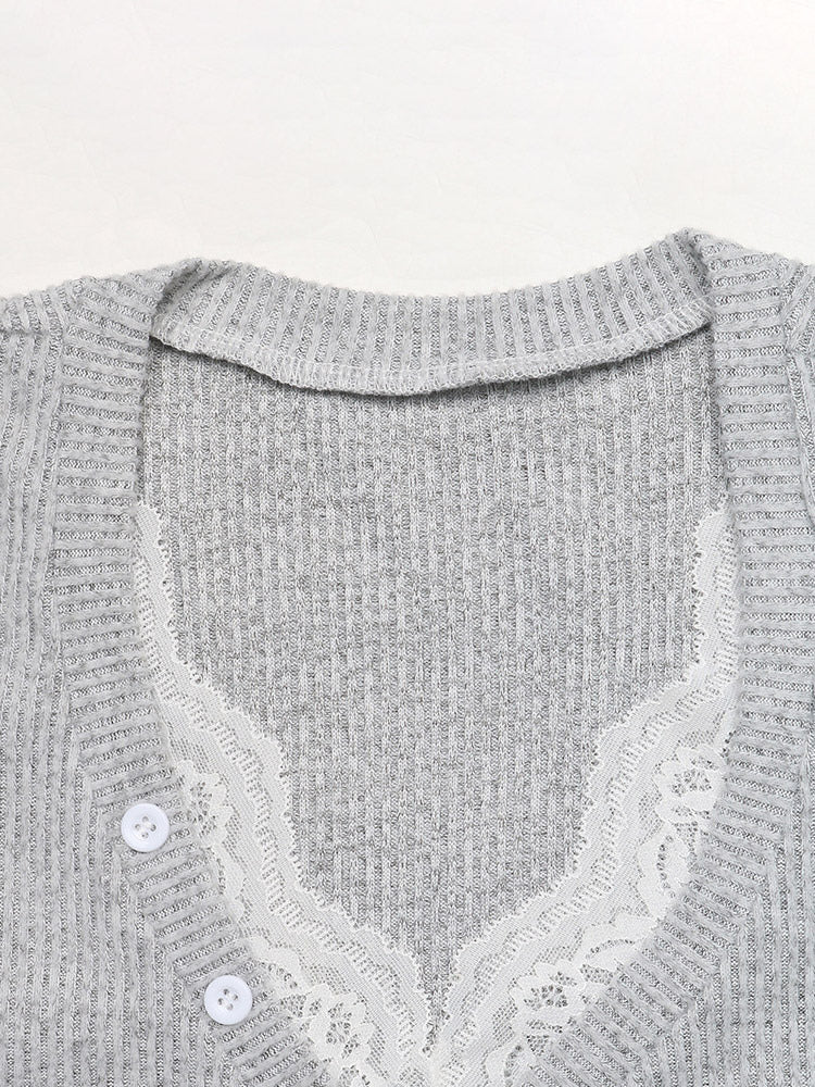 Gray V Neck Button Ribbed Knit Top Long Sleeve Lace Inner Slim Fitted Casual Fall Pullover