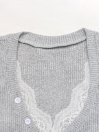Gray V Neck Button Ribbed Knit Top Long Sleeve Lace Inner Slim Fitted Casual Fall Pullover