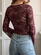 Burgundy Floral Lace Bodysuit Long Flare Sleeve V Neck Front Tie Sheer Mesh Sexy Jumpsuit