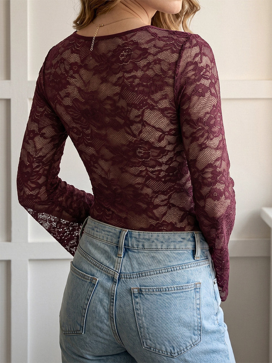 Burgundy Floral Lace Bodysuit Long Flare Sleeve V Neck Front Tie Sheer Mesh Sexy Jumpsuit