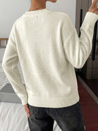 Cream White Crew Neck Knit Sweater Big Contrast Black Bow Embroidery Long Sleeve Loose Pullover
