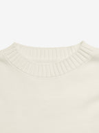 Cream White Crew Neck Knit Sweater Big Contrast Black Bow Embroidery Long Sleeve Loose Pullover