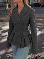 Dark Gray Wool Blend Peplum Blazer Women Double Breasted Lapel Slim Waist Short Suit Jacket