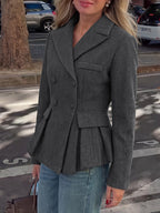 Dark Gray Wool Blend Peplum Blazer Women Double Breasted Lapel Slim Waist Short Suit Jacket