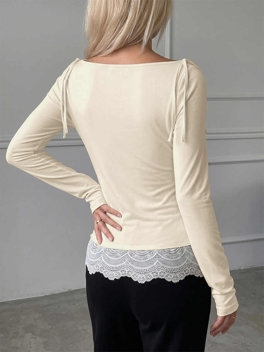 Women Draped Cowl Neck Long Sleeve Tee Shoulder Tie Detail Lace Trim Hem Slim Casual Shirt
