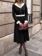 Date Night Dresses Black Contrast White Lapel Midi Long Sleeve Button Waist A-Line Vintage Dress