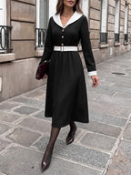 Date Night Dresses Black Contrast White Lapel Midi Long Sleeve Button Waist A-Line Vintage Dress
