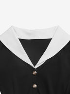 Date Night Dresses Black Contrast White Lapel Midi Long Sleeve Button Waist A-Line Vintage Dress