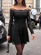 Date Night Dresses Sexy Off The Shoulder Lace Mini Dress Long Sleeve Sheer Floral Mesh A Line Flowy Club Dress