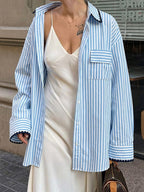 Blue White Striped Oversized Shirt Contrast Black Scallop Trim Collar Pocket Casual Blouse
