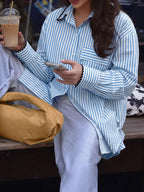 Blue White Striped Oversized Shirt Contrast Black Scallop Trim Collar Pocket Casual Blouse