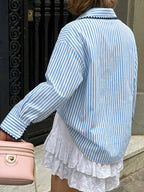 Blue White Striped Oversized Shirt Contrast Black Scallop Trim Collar Pocket Casual Blouse