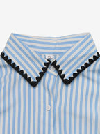 Blue White Striped Oversized Shirt Contrast Black Scallop Trim Collar Pocket Casual Blouse