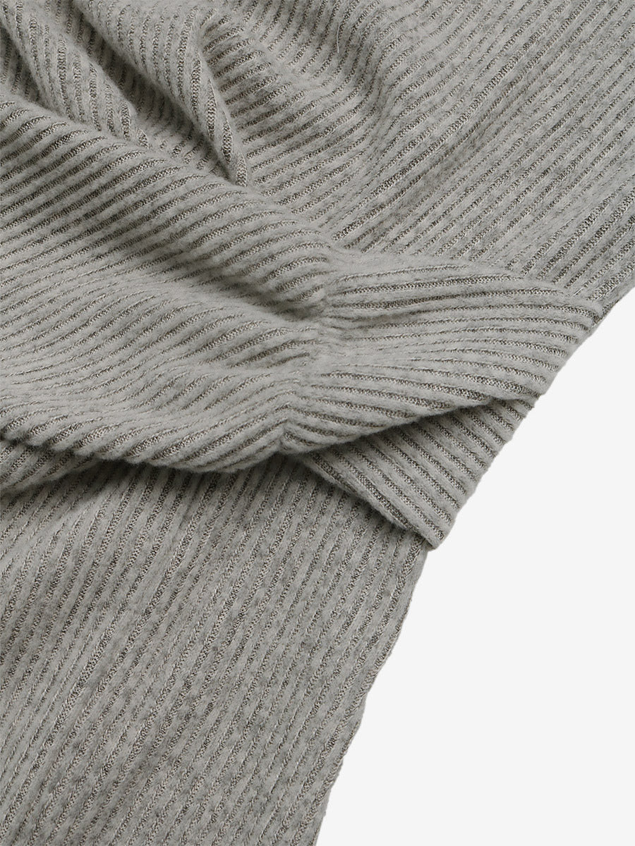 Daily Dresses Gray Ribbed Knit Midi Dress Crew Neck Long Sleeve Twist Waist Side Slit Bodycon Pencil Dress