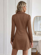 Brown Faux Suede Mini Dress Lapel Collar V Neck Long Sleeve Seamed Waist Flared Skirt Fall Dress