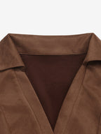 Brown Faux Suede Mini Dress Lapel Collar V Neck Long Sleeve Seamed Waist Flared Skirt Fall Dress
