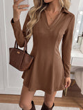 Brown Faux Suede Mini Dress Lapel Collar V Neck Long Sleeve Seamed Waist Flared Skirt Fall Dress