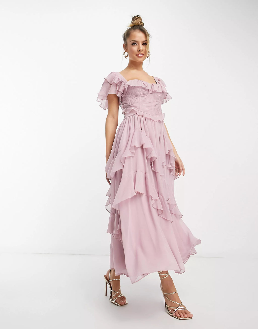 Square Neck Corset Ruched Tiered Ruffle Flutter Sleeve Maxi Dress