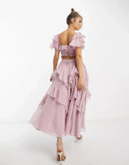 Square Neck Corset Ruched Tiered Ruffle Flutter Sleeve Maxi Dress