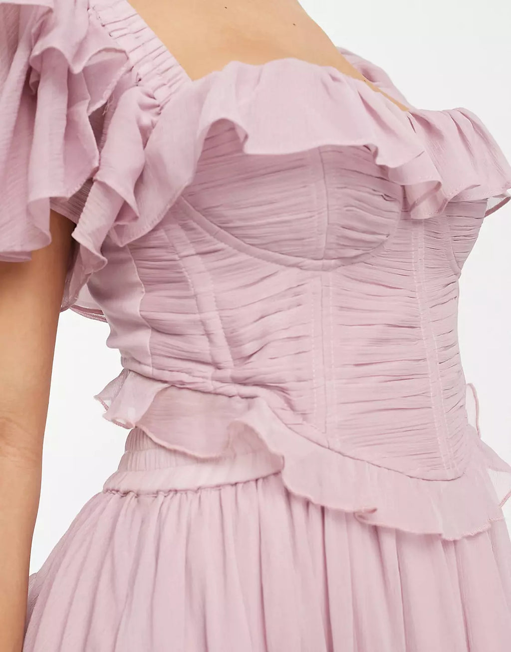 Square Neck Corset Ruched Tiered Ruffle Flutter Sleeve Maxi Dress