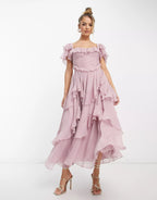 Square Neck Corset Ruched Tiered Ruffle Flutter Sleeve Maxi Dress