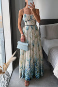 Shari Linen Blend Floral Print Colorblock Strappy Pocket Maxi Dress