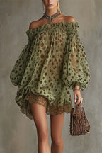 Ethereal Off-The-Shoulder Polka Dot Sheer Mini Dress