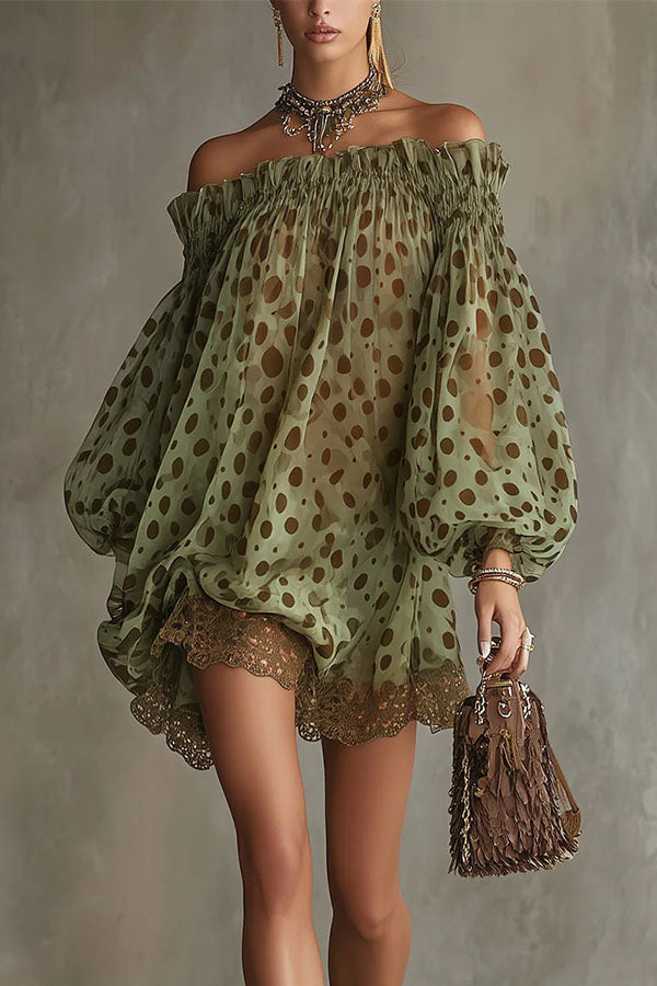 Ethereal Off-The-Shoulder Polka Dot Sheer Mini Dress