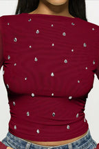 Double Layer Tulle Rhinestone Chic Long Sleeve Tee