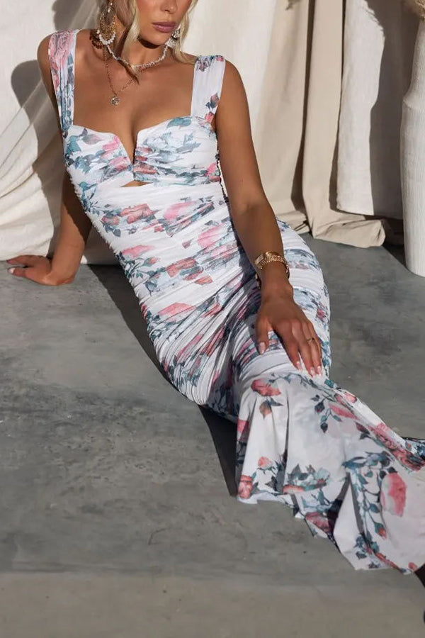 Floral Print Ruched Sweetheart Cut Out Asymmetric Ruffle Hem Midi Dress