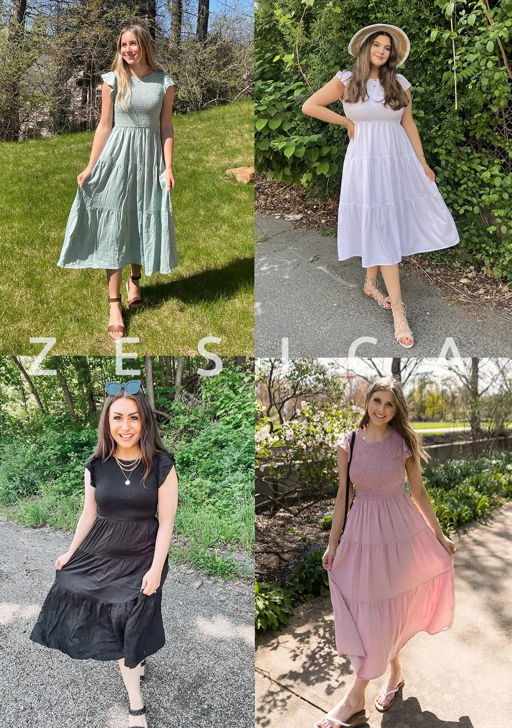 Smocked Bodice Flutter Sleeve Tiered A-Line Midi Dress