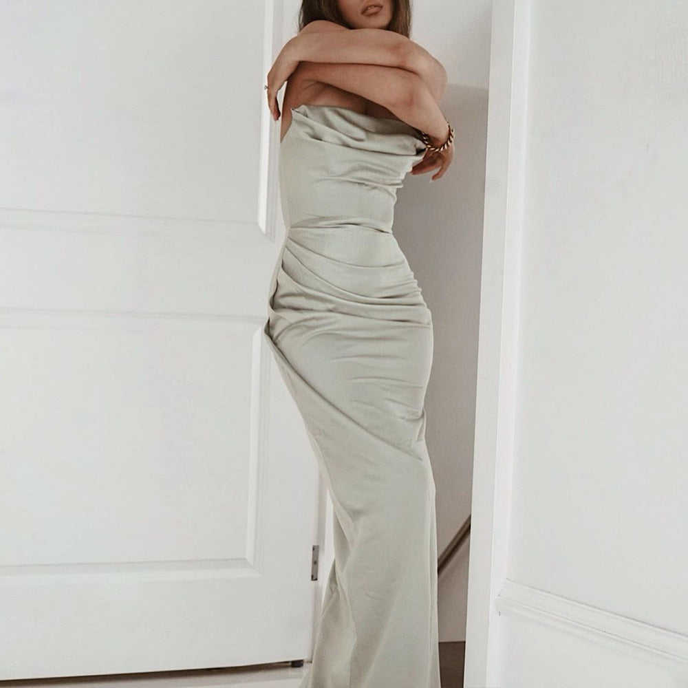 Strapless Cowl Neck Ruched Drape High Slit Satin Maxi Gown