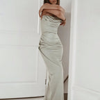 Strapless Cowl Neck Ruched Drape High Slit Satin Maxi Gown