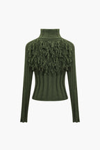 Solid Sweater Fringe Zipper Long-Sleeve Top