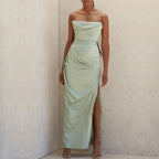 Strapless Cowl Neck Ruched Drape High Slit Satin Maxi Gown