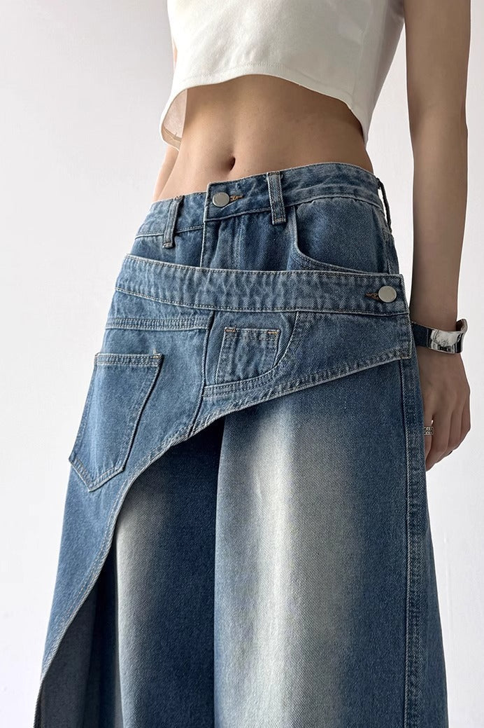 Asymmetric Panel Patchwork Wide Leg High Waist Jeans