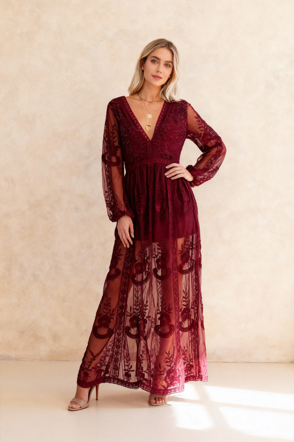 Mesh Lace Embroidery Deep V-Neck Long Puff Sleeve High Split Maxi Dress
